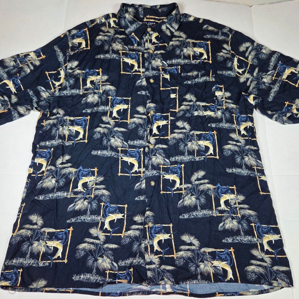 Ivy Crew Classics Mens XL Navy Blue Rayon Tropical Marlin Palm Tree Aloha Shirt